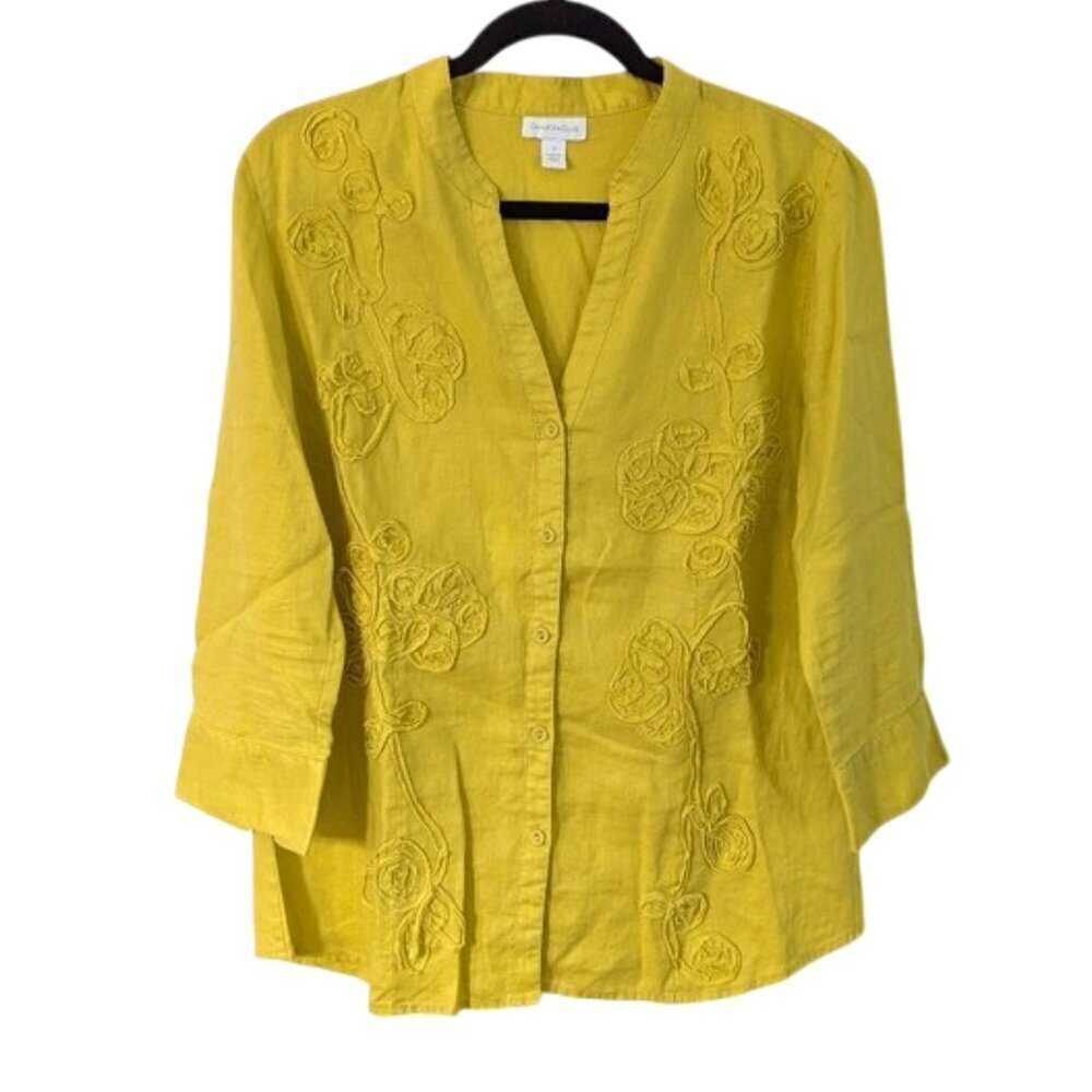 Charter Club 100% Linen Appliqué Button Down 3/4‎ Sleeve Blouse Yellow Sz 12